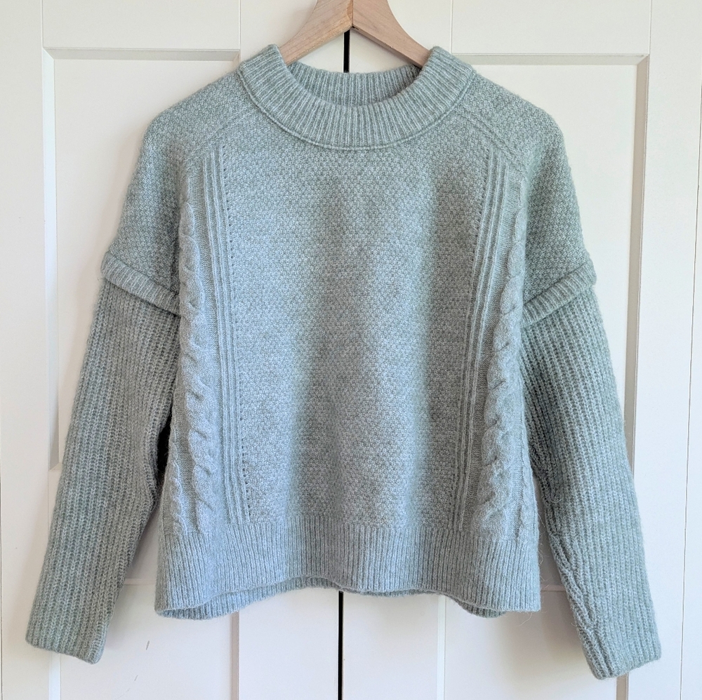 Like New Madewell Kiawah Cable Crew Relaxed Fit Sweater Wool Blend Sage Sz Small